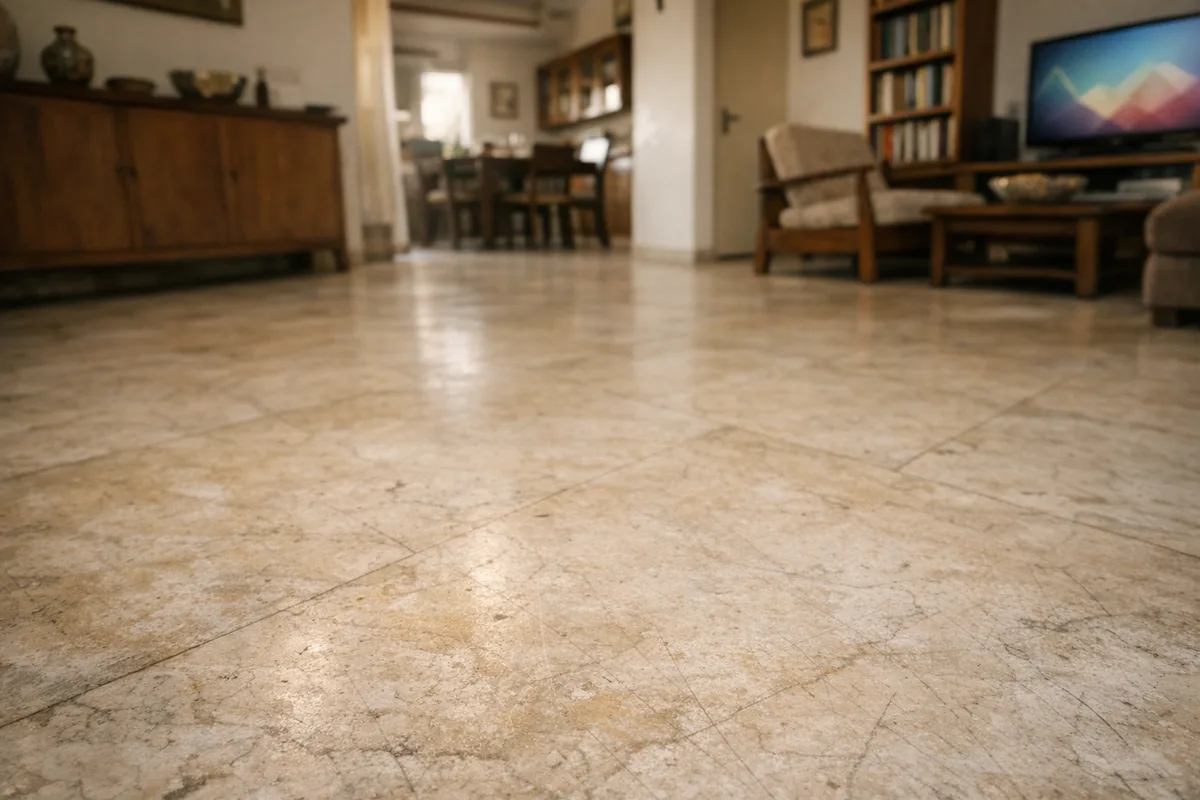 ליטוש שיש לפני - שיש מאובק ומצוהב עם שריטות