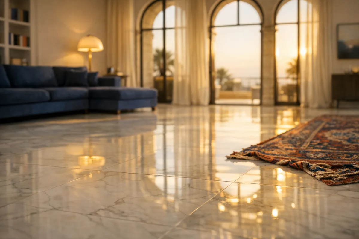 ריצוף שיש מבריק לאחר ליטוש מקצועי של פלורה ליטושים