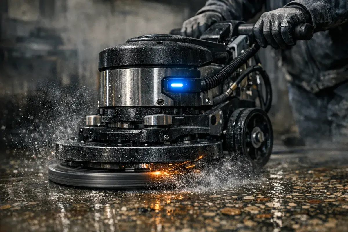 מכונת ליטוש תעשייתית בעבודה על ריצוף טרצו